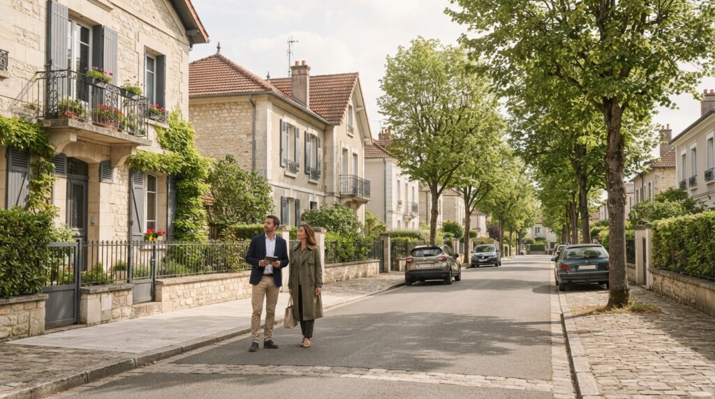 Vue d'un quartier résidentiel calme avec des maisons modernes et des espaces verts bien entretenus