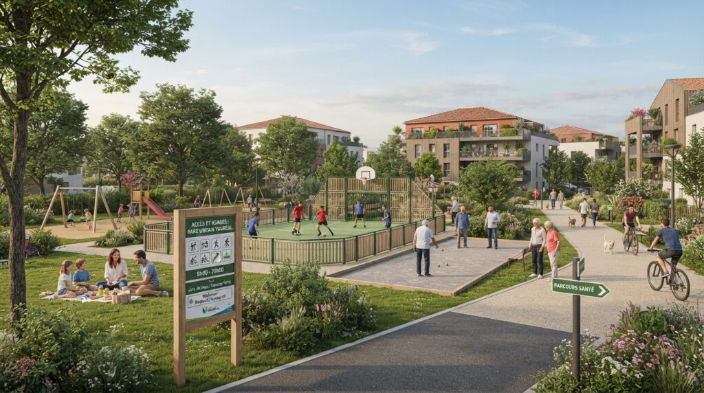 Scène de familles et sportifs dans des espaces verts et équipements sportifs urbains