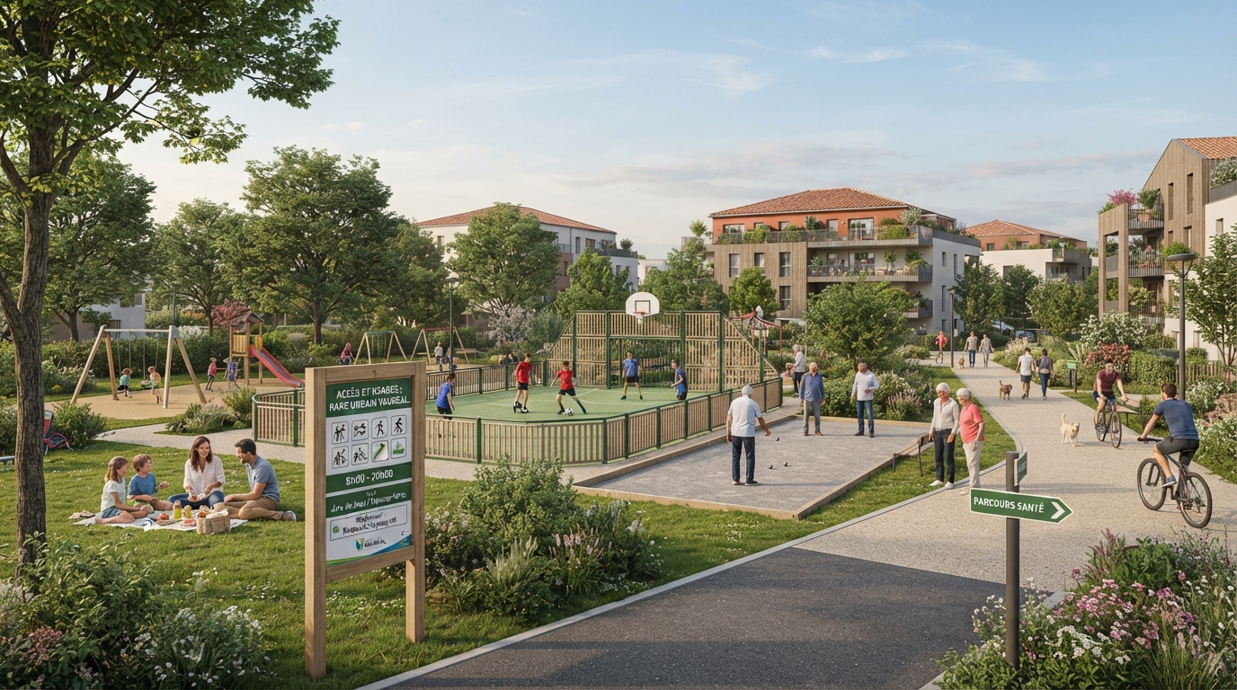 Scène de familles et sportifs dans des espaces verts et équipements sportifs urbains