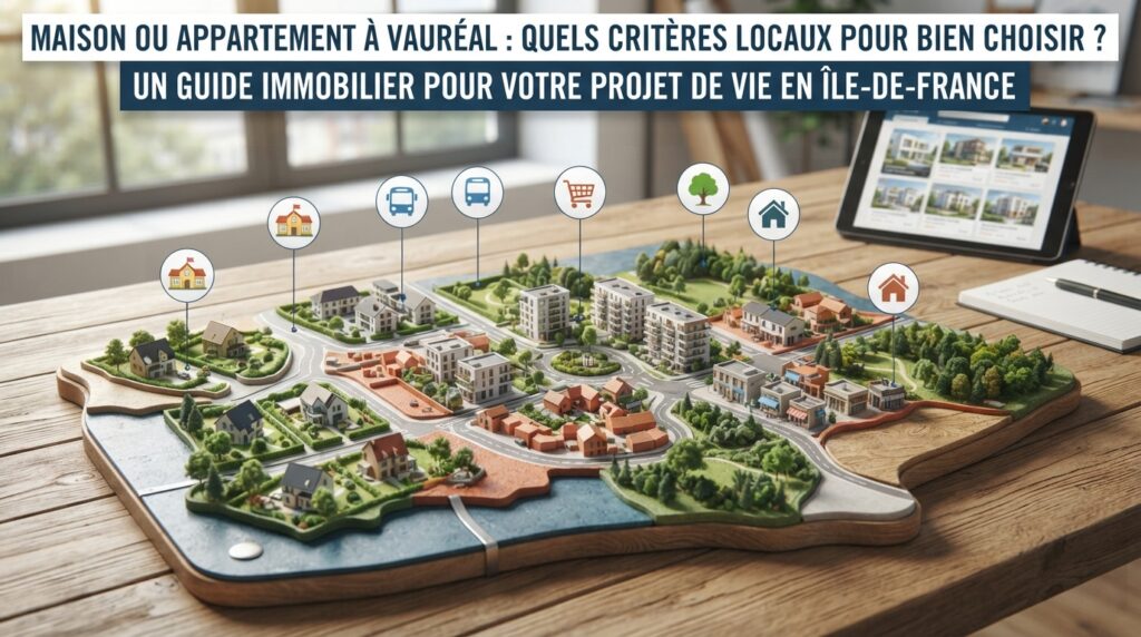 Carte stylisée de Vauréal avec maisons, immeubles, espaces verts et commerces pour illustrer les choix résidentiels.
