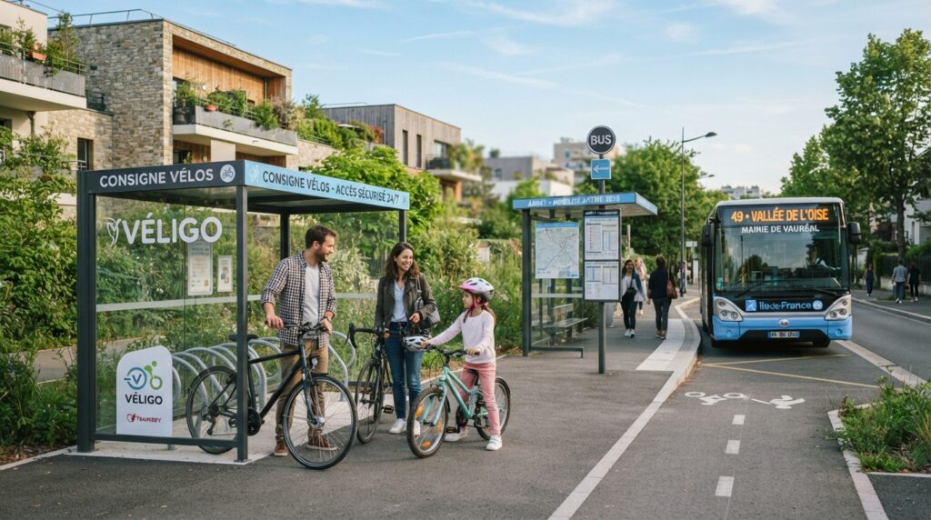 Scène de mobilité urbaine avec bus, vélos et consigne sécurisée dans un quartier résidentiel verdoyant.