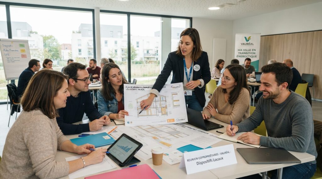 Réunion de copropriétaires avec un conseiller pour préparer des travaux de rénovation énergétique