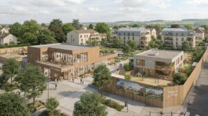 Illustration d'un centre-ville avec équipements culturels et petite enfance, entourés d'immeubles résidentiels modernes.